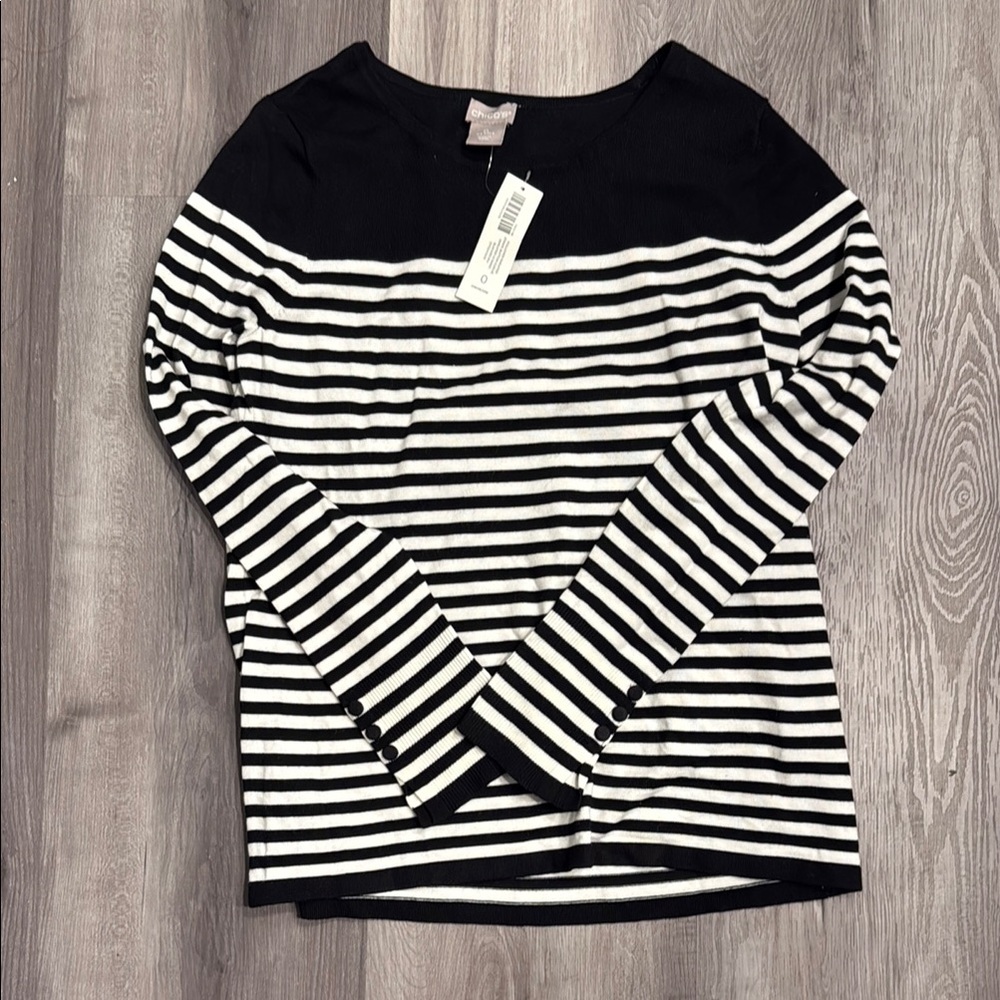 Chico's Black and White Fitted Ribbed Long Sleeve Tee